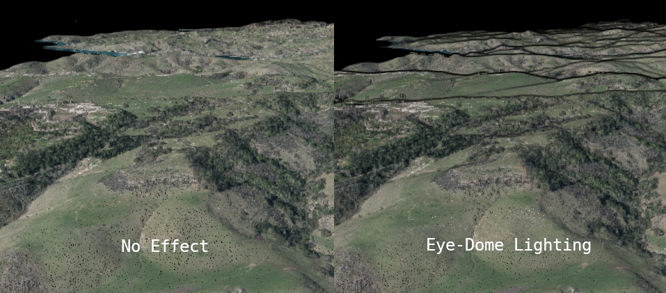 Illustration of the Eye-Dome Lighting (EDL) effect. Left image is rendered without EDL, the right one is rendered with EDL, which is the default case.